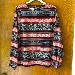 Alfred Dunner long sleeved top. Navy blue & burgundy with cream flower design